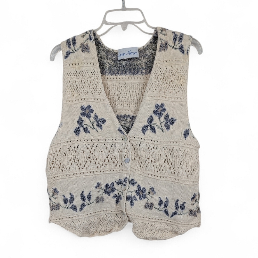 Vintage Floral Knit Sweater Vest Cream with Blue Accents M Cotton Cottagecore